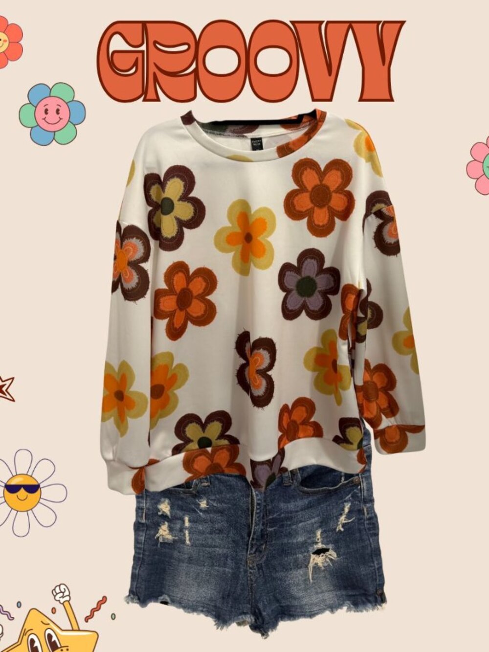 SHEIN Emery Rose 1XL 70s Groovy Flower Print Pullover Sweatshirt